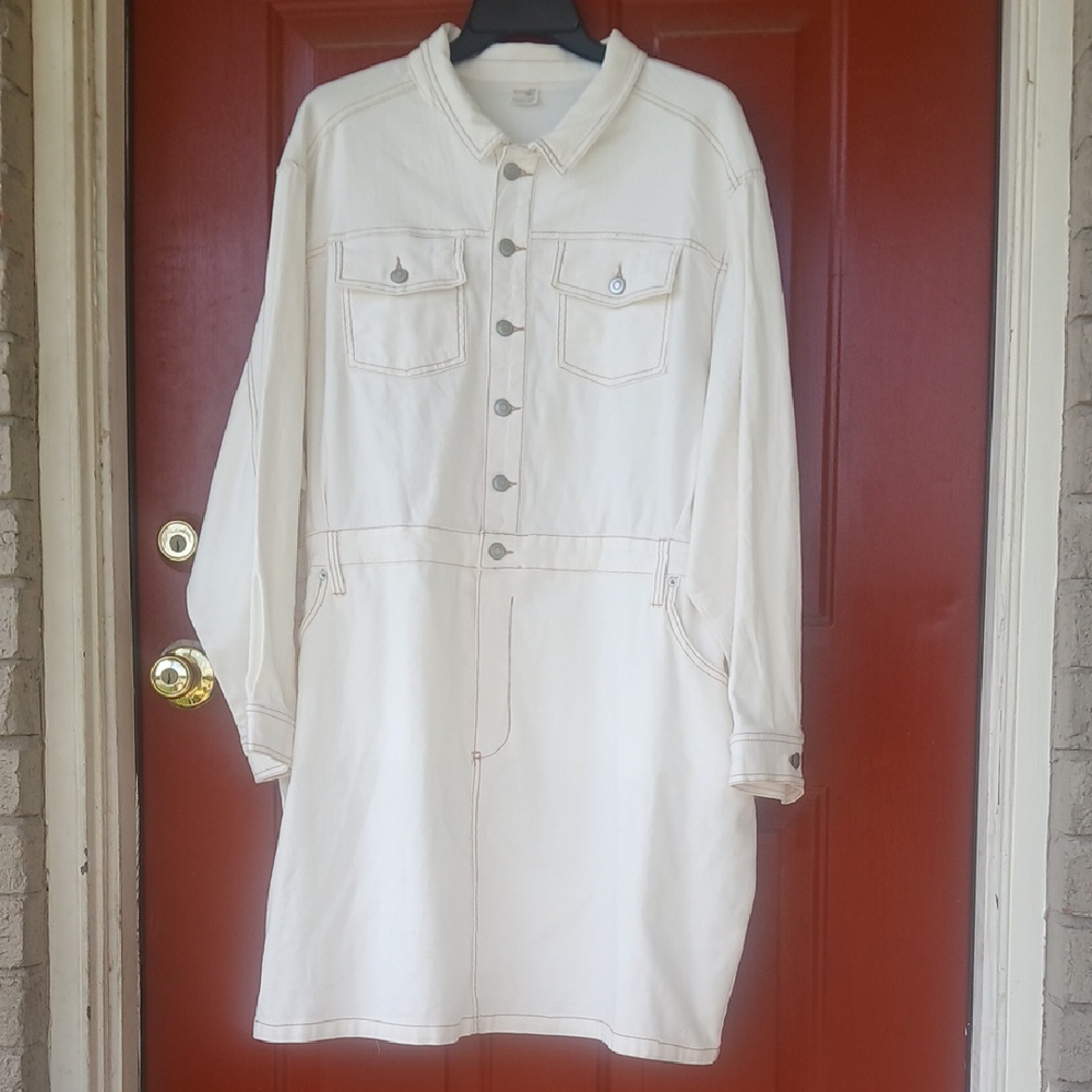 Terra & Sky 3X Off-white Button-Down Mini Dress w Pockets